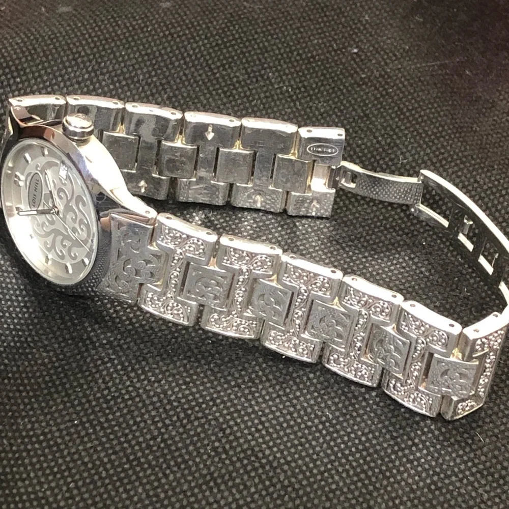 LOIS HILL Alternating Sterling Silver Links Large Round White Face Swiss Watch